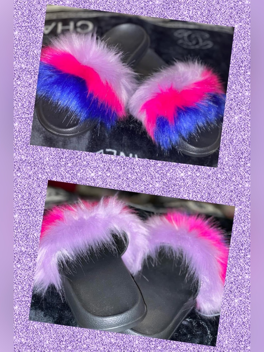 Faux Fur Slide Sandals - Pink, Purple & Blue